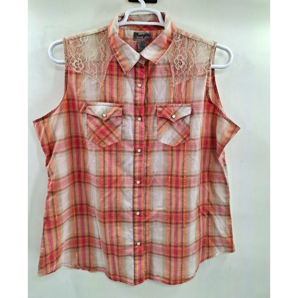 Wrangler Womens 2XL Pink/White Plaid Sleeveless Collared Snap Lace Yoke Top